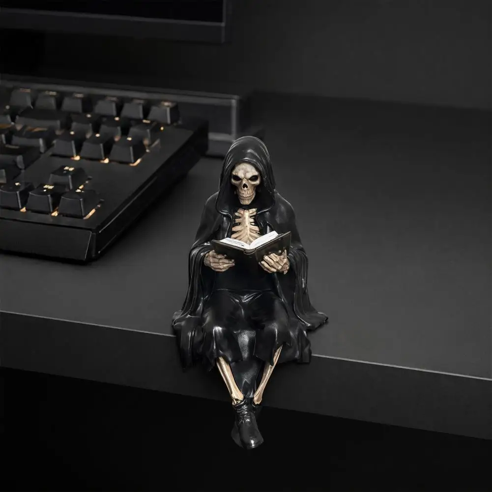 Dark Skeleton Figurine Halloween Reading Skeleton Figurine Spooky Devil Resin Sculpture Grim Reaper Statue for Home Office