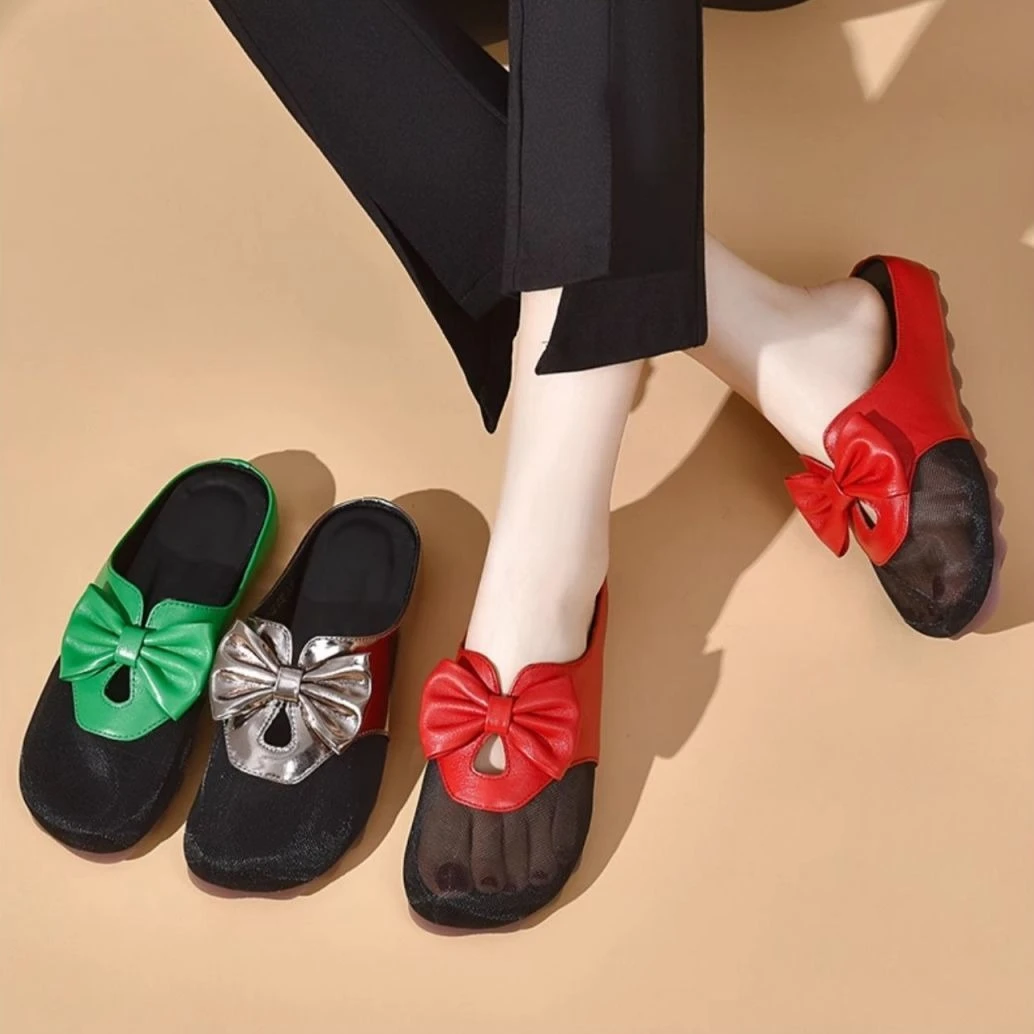 Summer Women's Soft Leather Mules Open Toe Bowknot Flat Sandals with Mesh Upper Comfortable Low Heel for Casual Outdoor Wear
