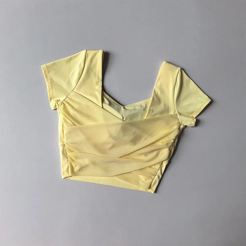 Women Mesh Back Slimming Yoga Top Fixed Cup Short-Sleeved Sports T-shirt for Pilates Training Fitness Beauty Gym Workout Clothes