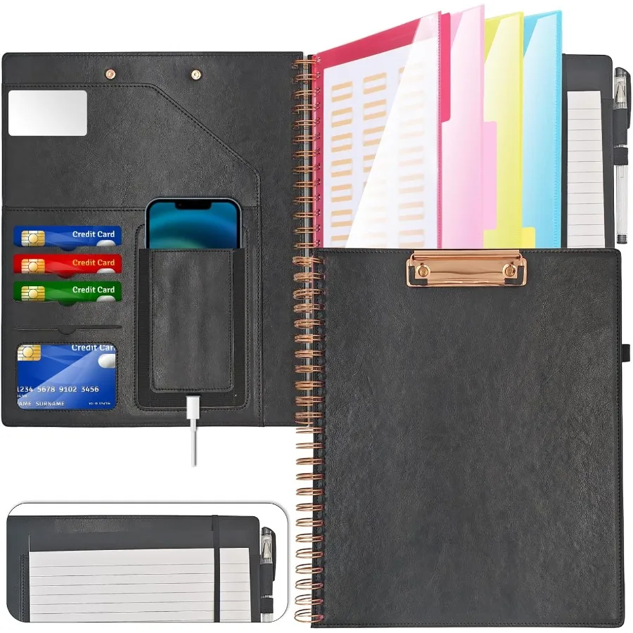 Leather Spiral Padfolio Padfolio for Men with clipboard with a Mirror 5 Folders with 10 Pots Portfolio Binder Clipboard with St