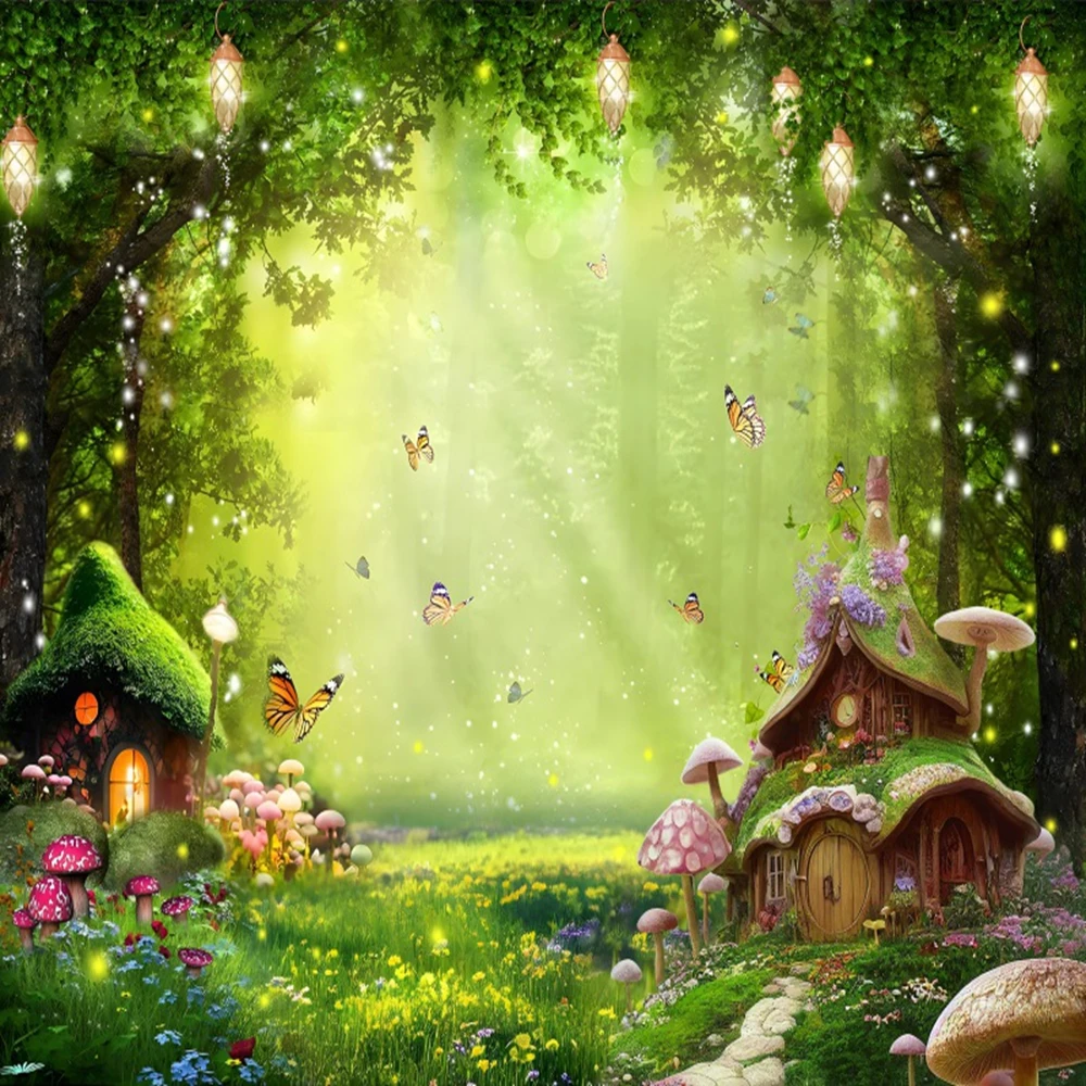Enchanted Forest Photography Backdrop Fairy Tale Butterfly Mushroom Baby Shower Birthday Party Photo Background Photostudio Prop