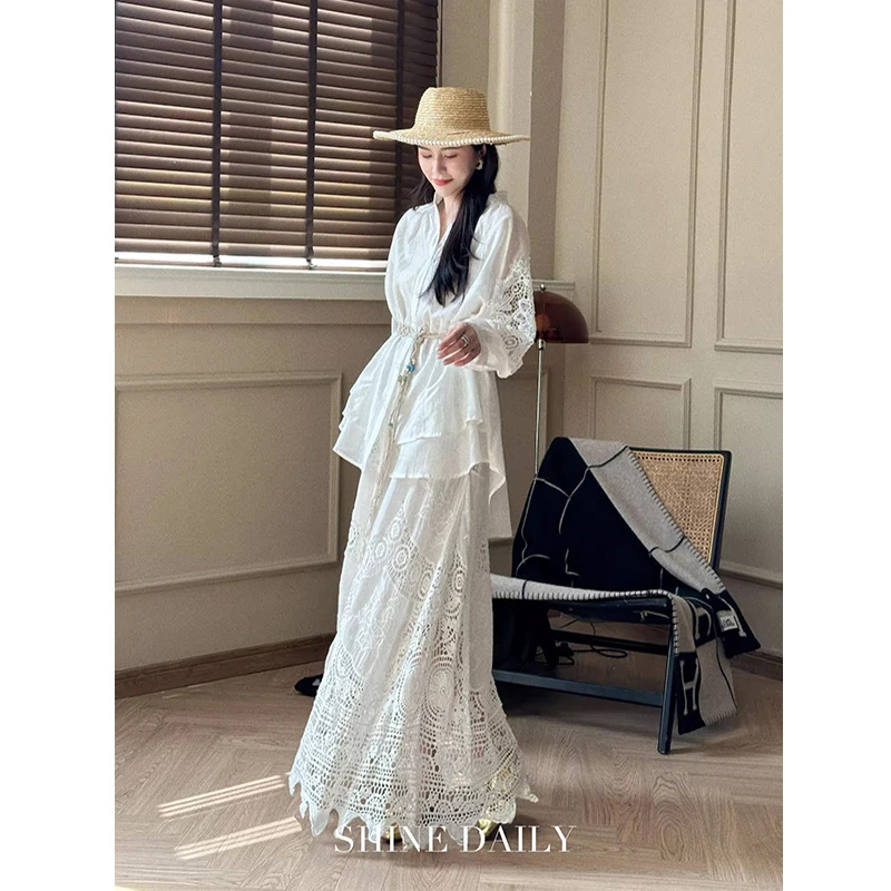 Nowa Kolekcja Lato 2025 Damskie Spódnice Luźne Codzienne Z Wysokim Stanem Kwiatowe Wycięcia Trapezowe Dobra Jakość Koronkowa Spódnica Do Kostek T151