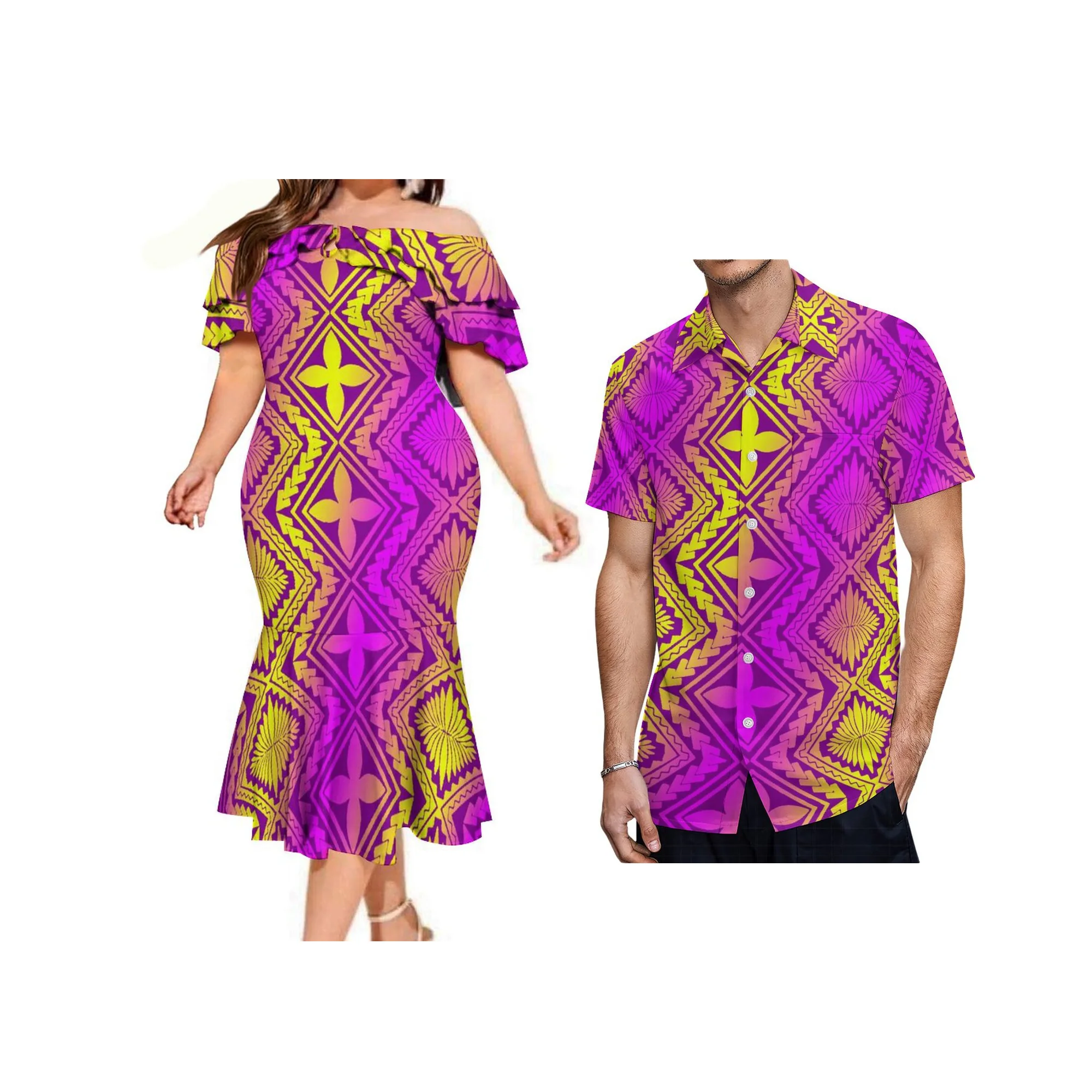 

High Quality Custom Hawaii Island Hibiscus Flower Lady Layered Ruffle Off Shoulder Tube Top Bodycon Dress Sexy Mermaid Dress