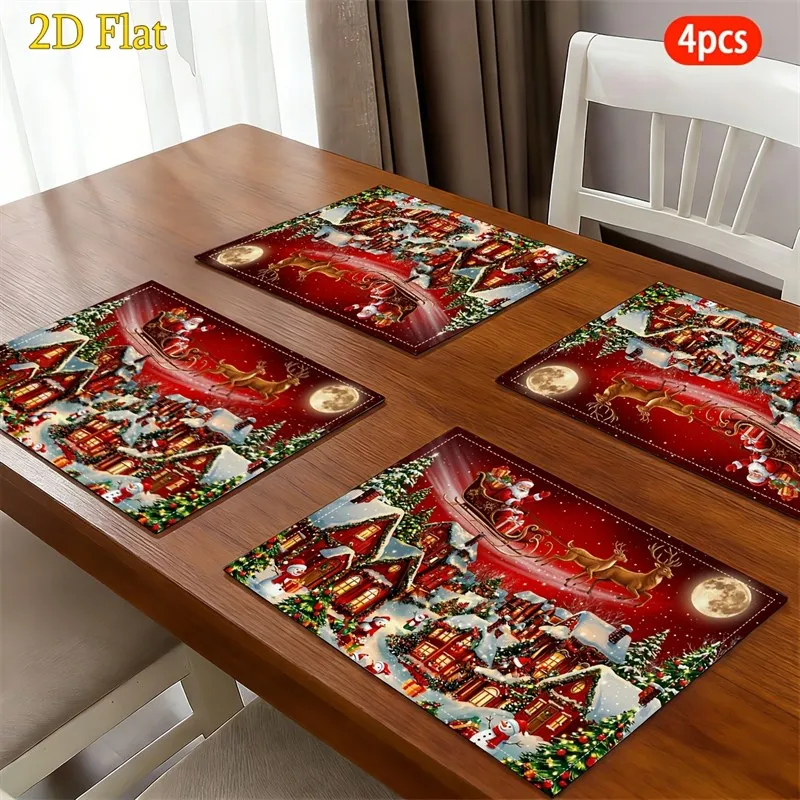 VIKAMA Christmas Linen Placemat, Snowy Village Cabins Warm Lights Blue, Heat Resistant Washable, Dining Room