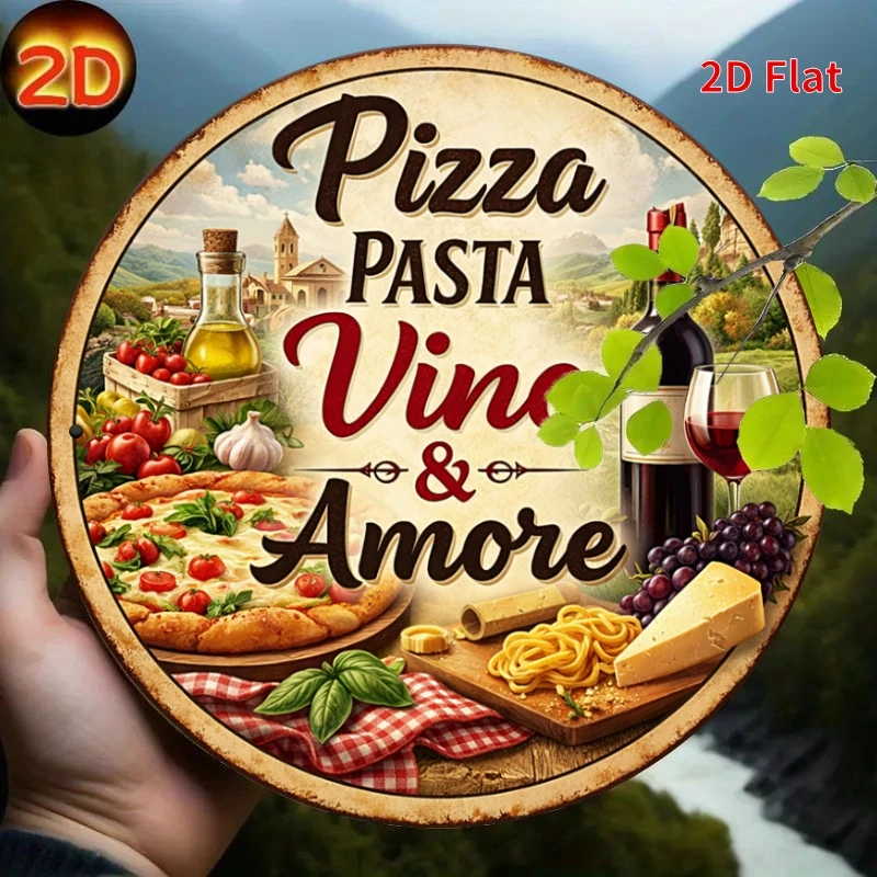 2D Flat - [2Dflat]1pc 7.87X7.87inch- Tin Sign, Vintage Italian Food Wall Art, Pizza Pasta Vino Metal Sign, Perfect for Kitchen,