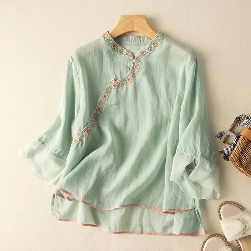 Embroidered Loose Cotton and Linen Top, Thin Chinese Style Artistic Retro Tea Suit Shirt 2024 Summer New Item Small and Fresh