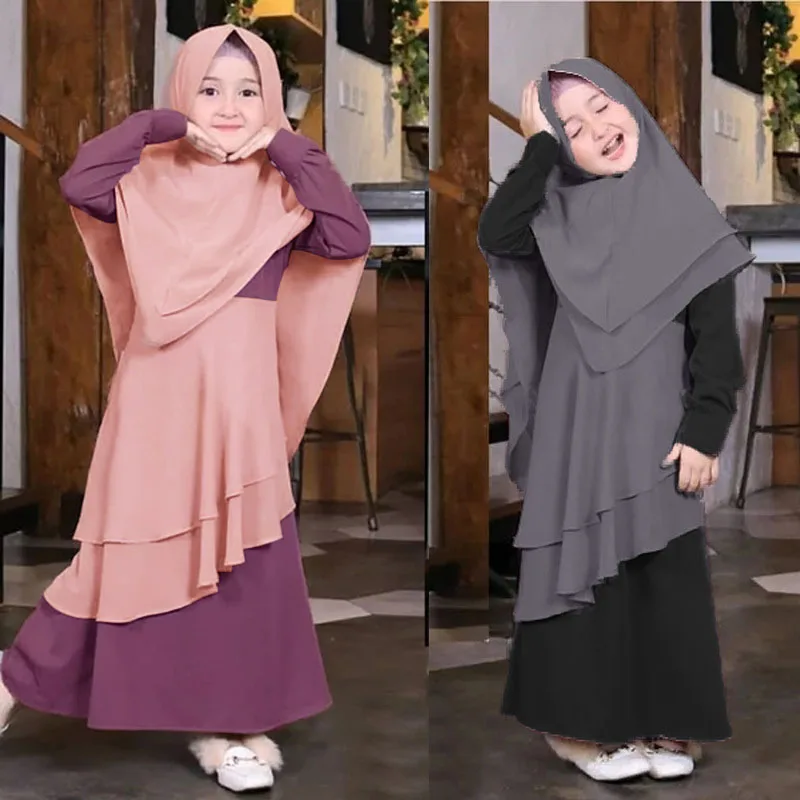 

Muslim Girls Prayer Gown Long Dress+khimar 2pcs Islamic Girls Abaya Sets Dubai Turkey Arabic Princess Ramadan Kimono Kaftan