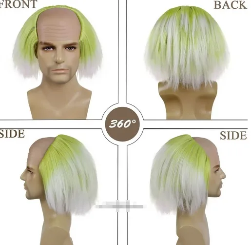 Ombre Green Nayutal Synthetic Wigs with Bald Cap Clown Short Straight Afro Wig for Men Movie Costume Cosplay Party Halloween