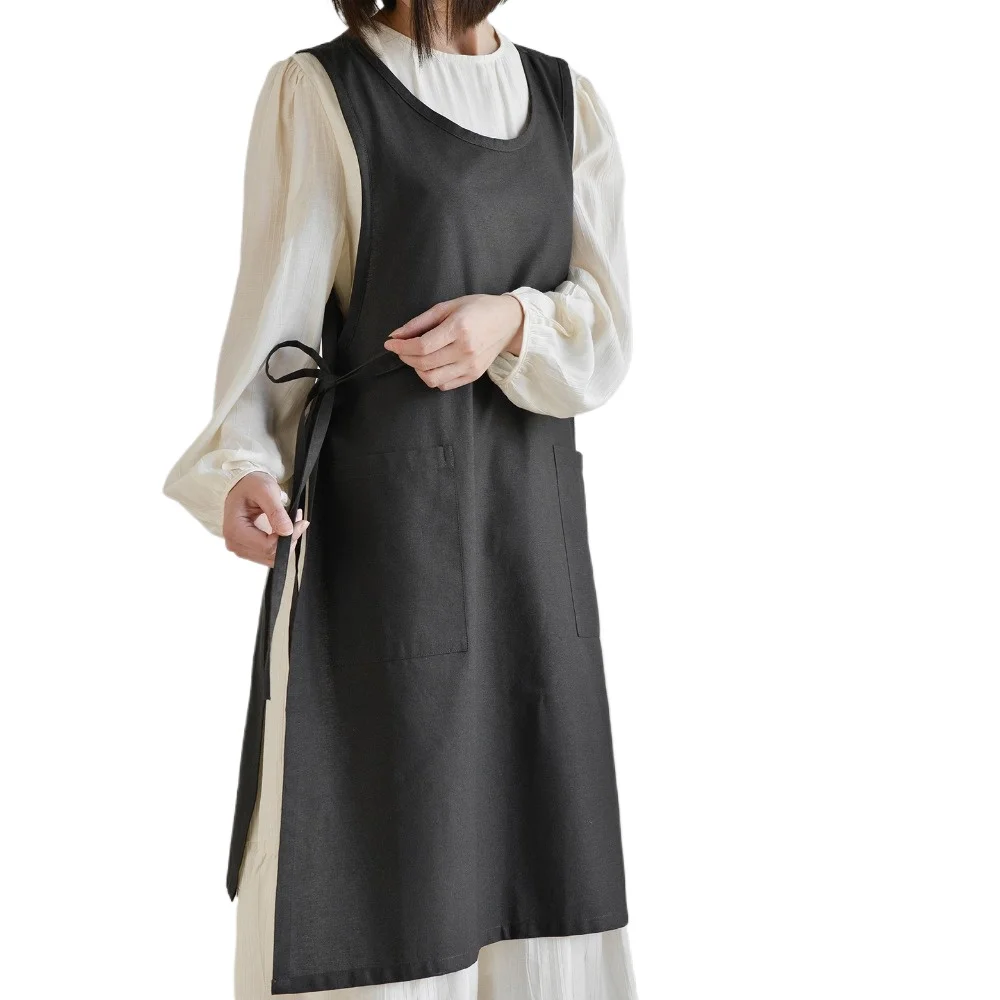 Grembiule impermeabile nordico girocollo - Bavaglino protettivo da cucina coreano-giapponese in lino e cotone (spallacci regolabili + doppie tasche)