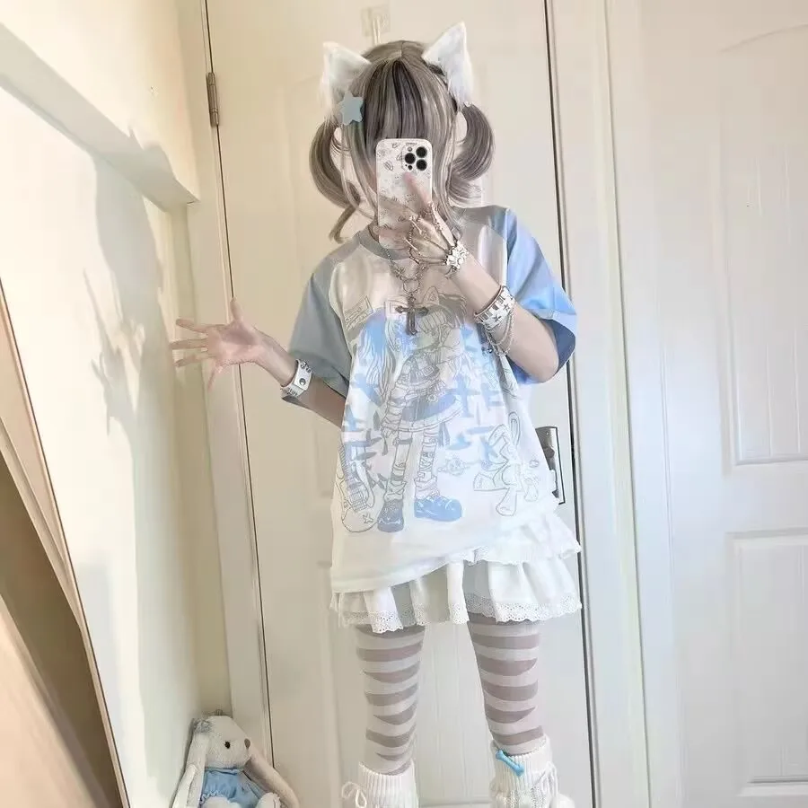 

Милая женская футболка с коротким рукавом в стиле пэчворк, свободного кроя, летняя, новая, модная, для студенток, топ, трендовый пуловер с круглым вырезом, короткий комплект