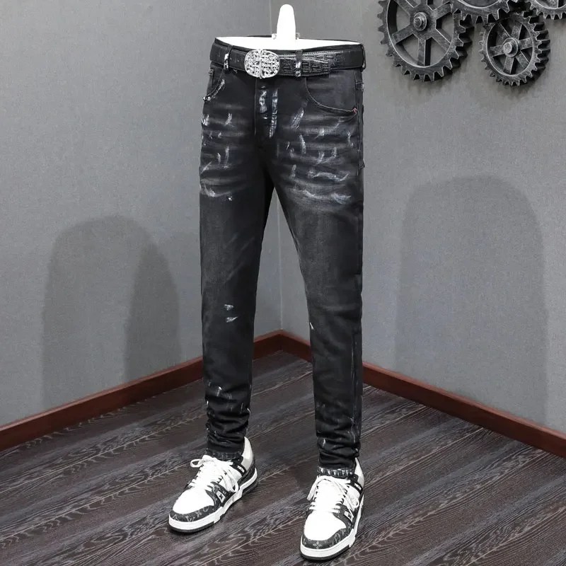 Fashion Streetwear Men Jeans Retro Black Gray Stretch Skinny Fit Ripped Printed Jeans Men Painted Designer Hip Hop Brand Pants