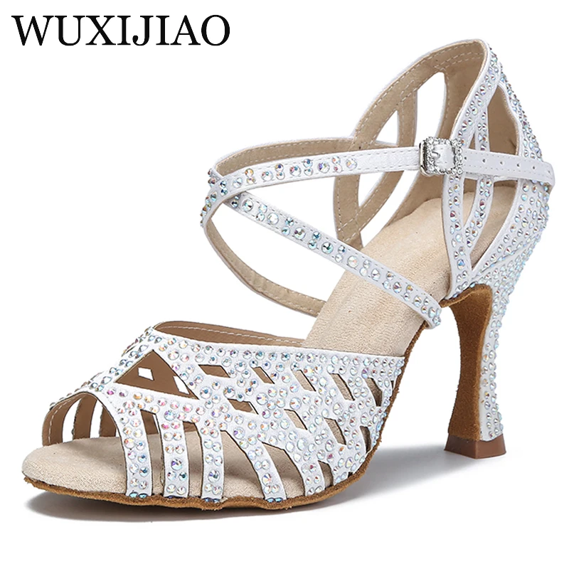 

WUXIJIAO Rhinestone Satin Dance Shoes For Women Party Sandals Ballroom Latin Dance Red Soft Bottom Wedding