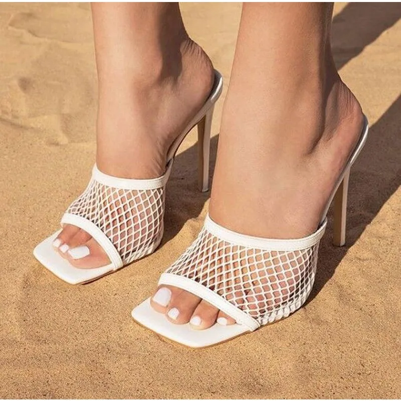 2025 New Summer Open Toe High Heel Fashion Female Thin Heel Sandal Slip on Mesh Women Slippers Hollow Out Slides Sexy Pumps
