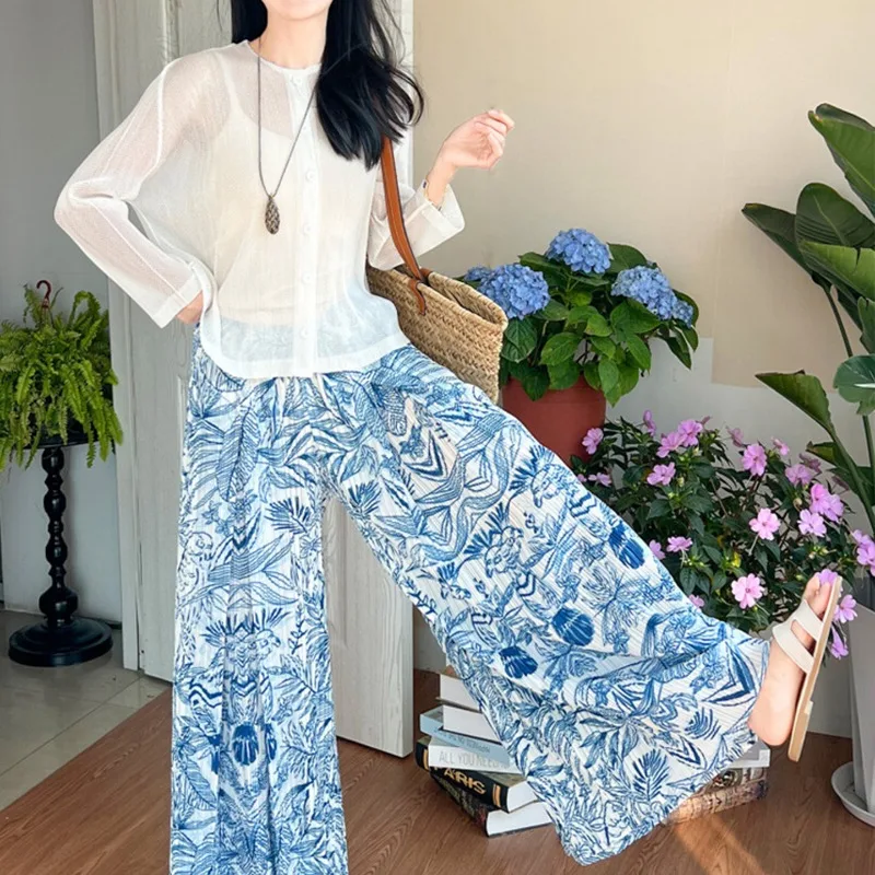 Pantaloni a pieghe Miyake Set 2025 Nuovi pantaloni a gamba larga stampati Celadon Plisse Fold Premium Sense Casual Cardigan trasparente Top da donna