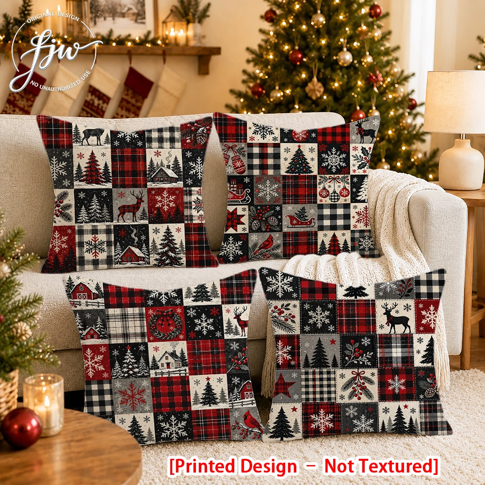 2/4pc Christmas Patchwork Throw Pillow Covers Rustic Farmhouse Winter Holiday Decor Cushion Cases for Sofa Bed
