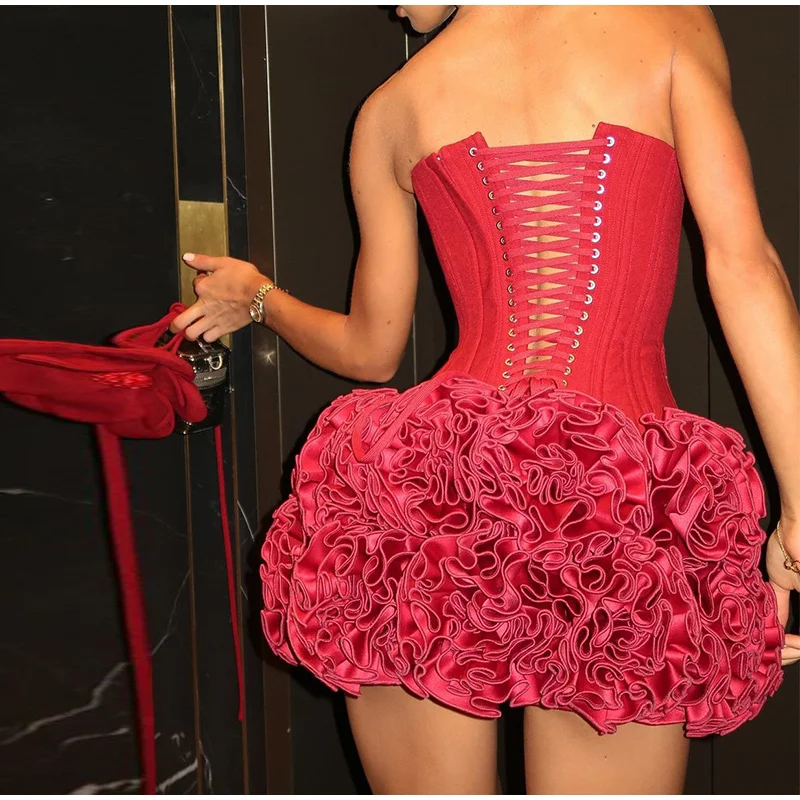 Sexy Strapless Red 3D Flowers Dress Outfits Women Bandage Backless Tube Top Mini Skirts Lady Celebrity Party Cocktail Skirt Suit