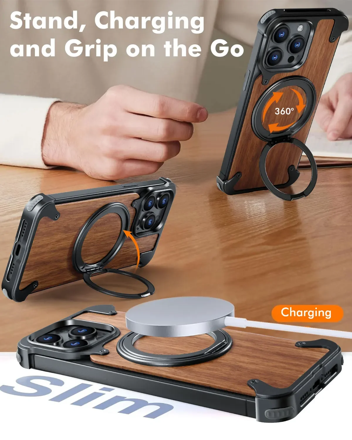 

Магнитный чехол для телефона Oatsbasf для iPhone 16 Pro/16 Pro Max с 360° ° Вращающаяся подставка Деревянный защитный чехол Беспроводная зарядка