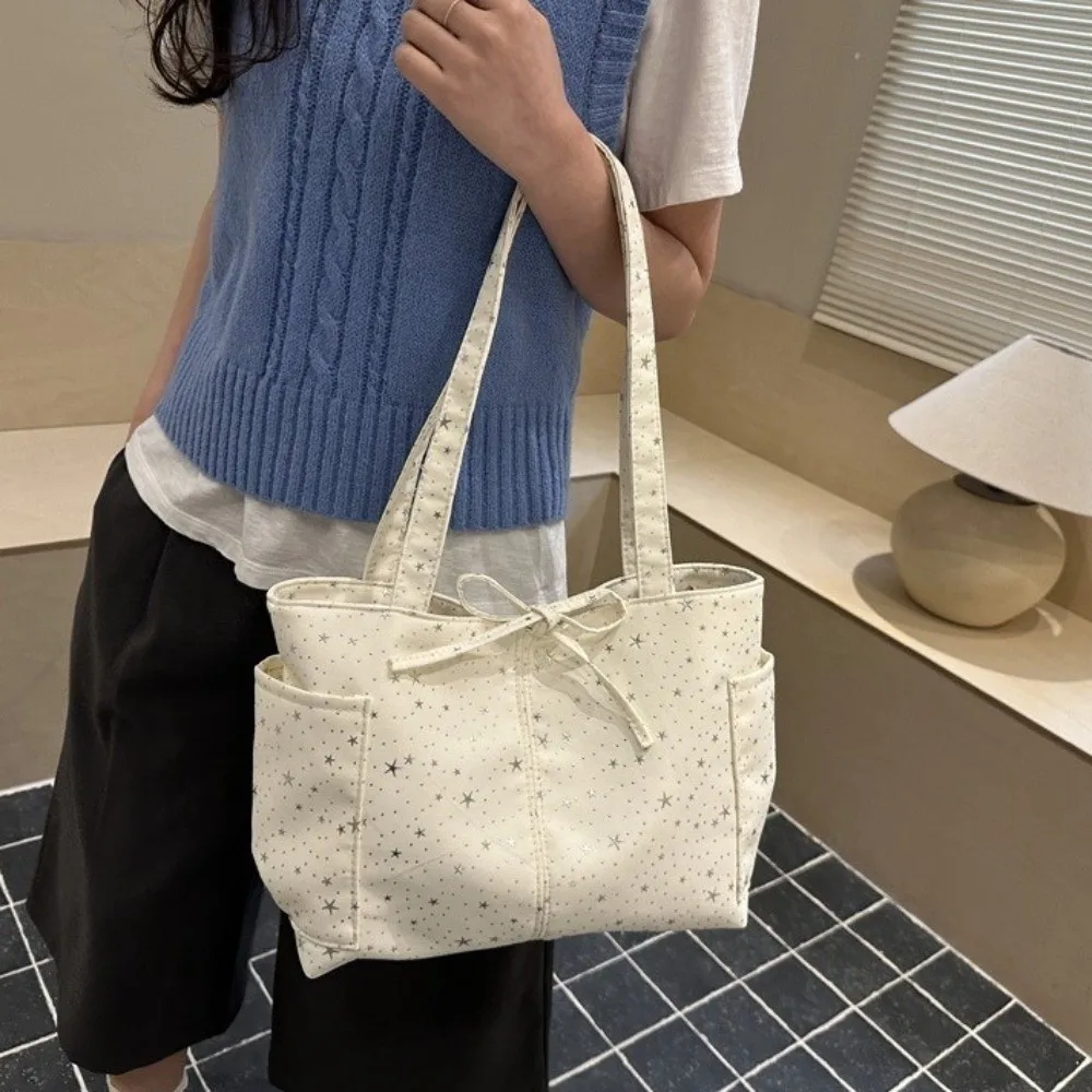 Retro Shiny Star Shoulder Bag Korean Style Canvas Bow Tote Bag Large Capacity Underarm Bag Women Handbag Spicy Girl