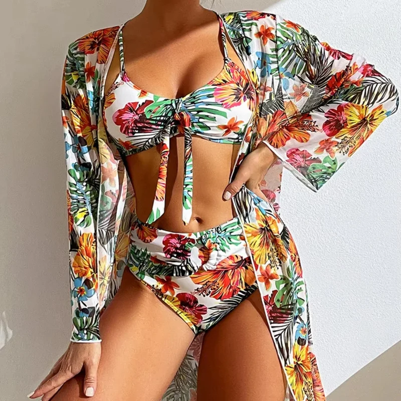 Conjunto de bikini de cintura alta de 3 piezas para mujer 3XL-S - Traje de baño con estampado floral y cubierta de malla de manga larga, traje de baño de talla grande