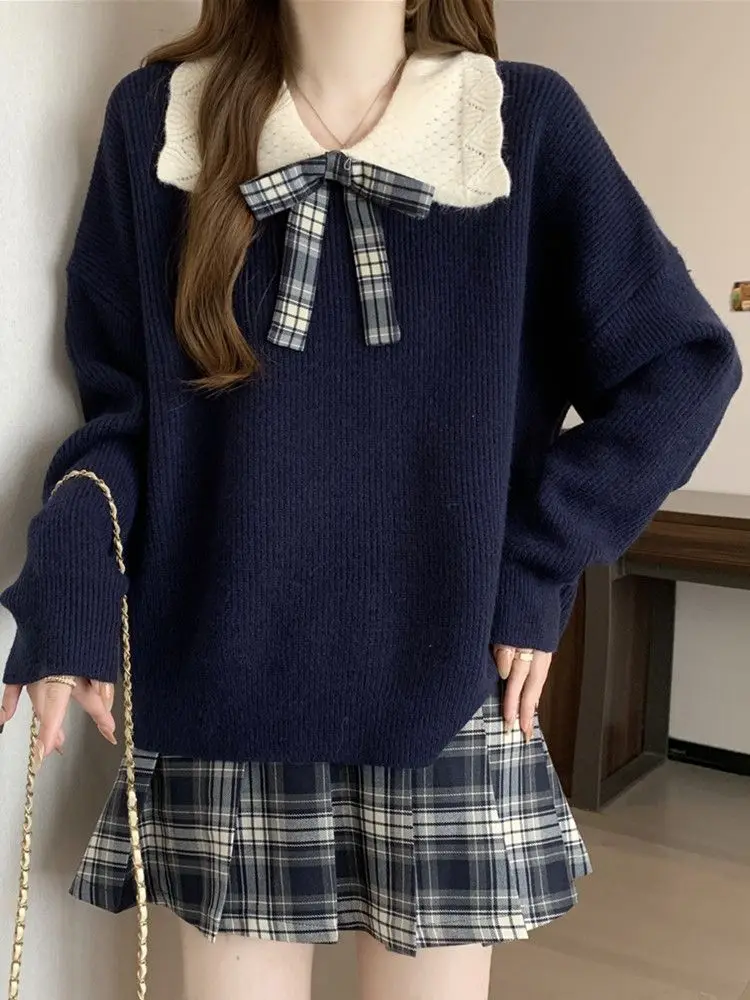 Sweter damski w stylu college z kontrastowym kołnierzykiem typu doll collar, krótki, ciepły, idealny na wiosnę, jesień i zimę, w stylu koreańskim, nowy model na Nowy Rok.