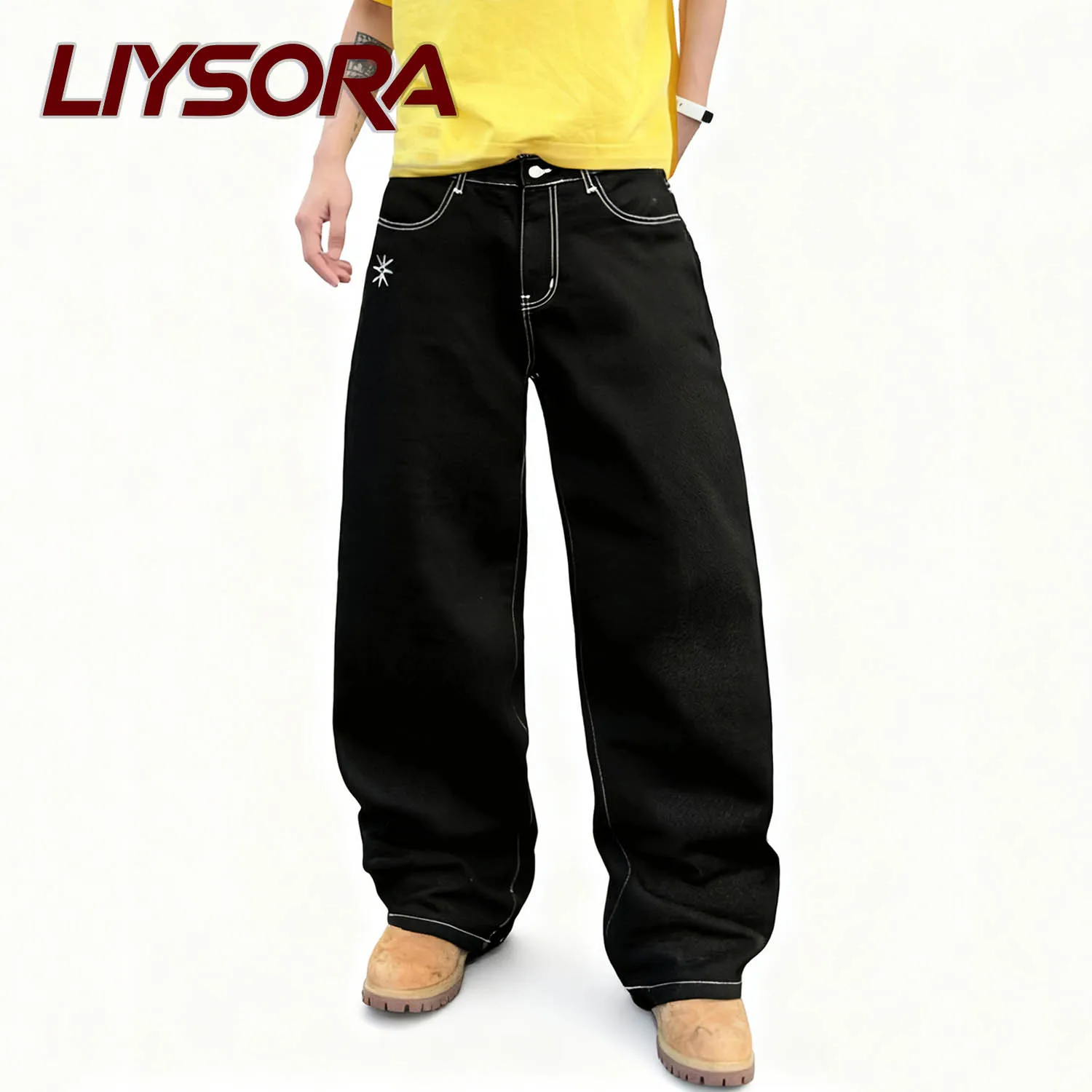 

Korea Men's Retro Street Black Baggy Wide Leg Jeans Embroidered Checkered Splicing Pocket Unisex Bad Boy Charm Denim Pants