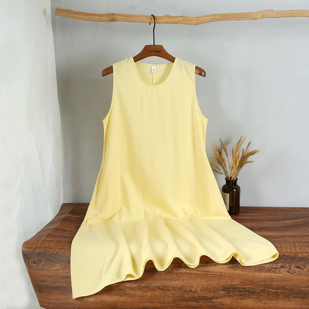 

Simple literary and artistic loose cotton and linen dress women's summer round neck sleeveless long casual vest skirt
