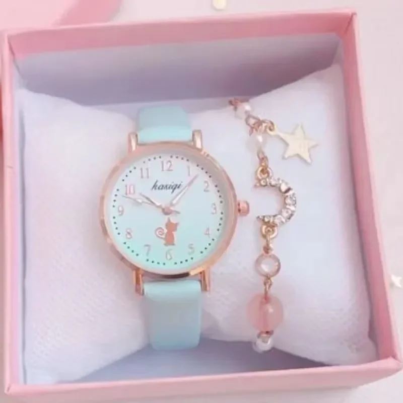 Relojes para niños 20224, reloj con correa de cuero de moda para estudiantes, bonito reloj con esfera de gato para niñas, conjunto de relojes de dibujos animados para niños, reloj de cuarzo, regalo para niños