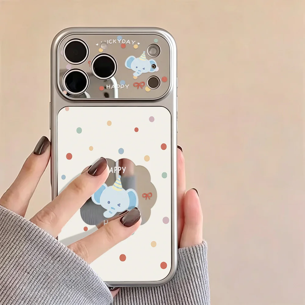 Cartoon Elephant Mirror Phone Case For iPhone 11 12 13 14 15 16 17 18 Pro Max Shockproof Soft Large Window Cover Capinha Capa