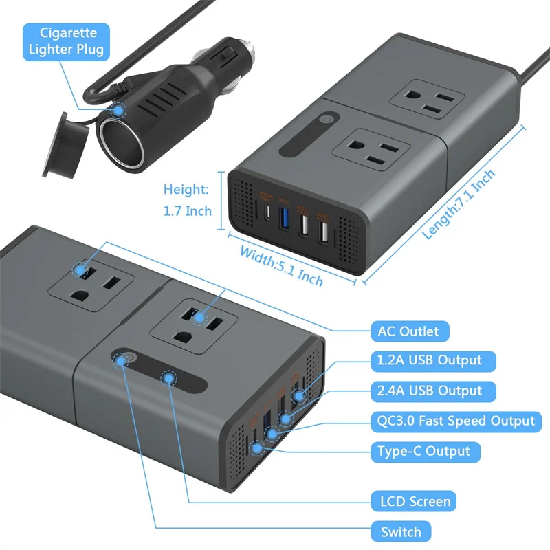 Inversor de energia para carro, preto, universal, 12v a 220v, multifuncional, carregamento rápido, conversor de energia tipo-c, qc 3.0, adaptador de alimentação usb