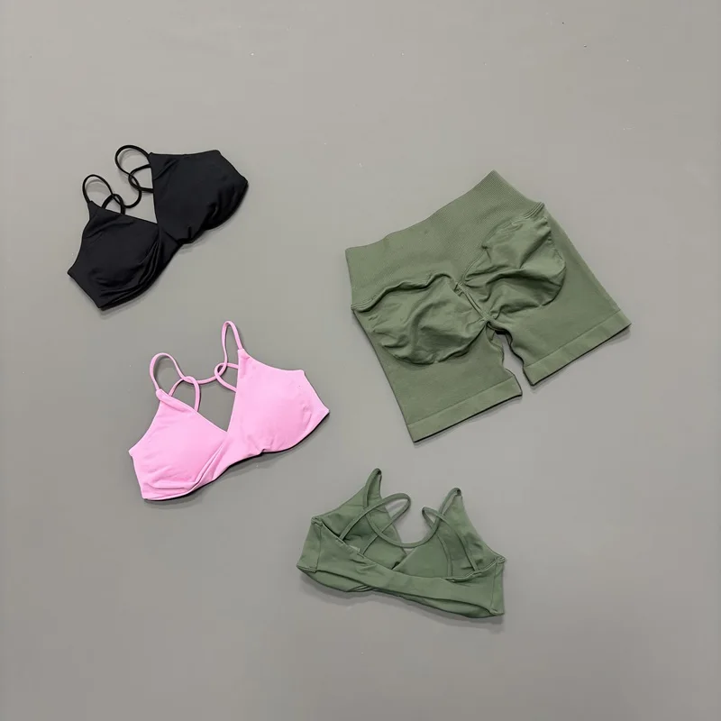 2 Pcs Gym Set Women Vision Twist Front Bra Jogging V Neck Cross Waist Quick Dry Shorts Suit Pilates Workout Running Fitness Sets