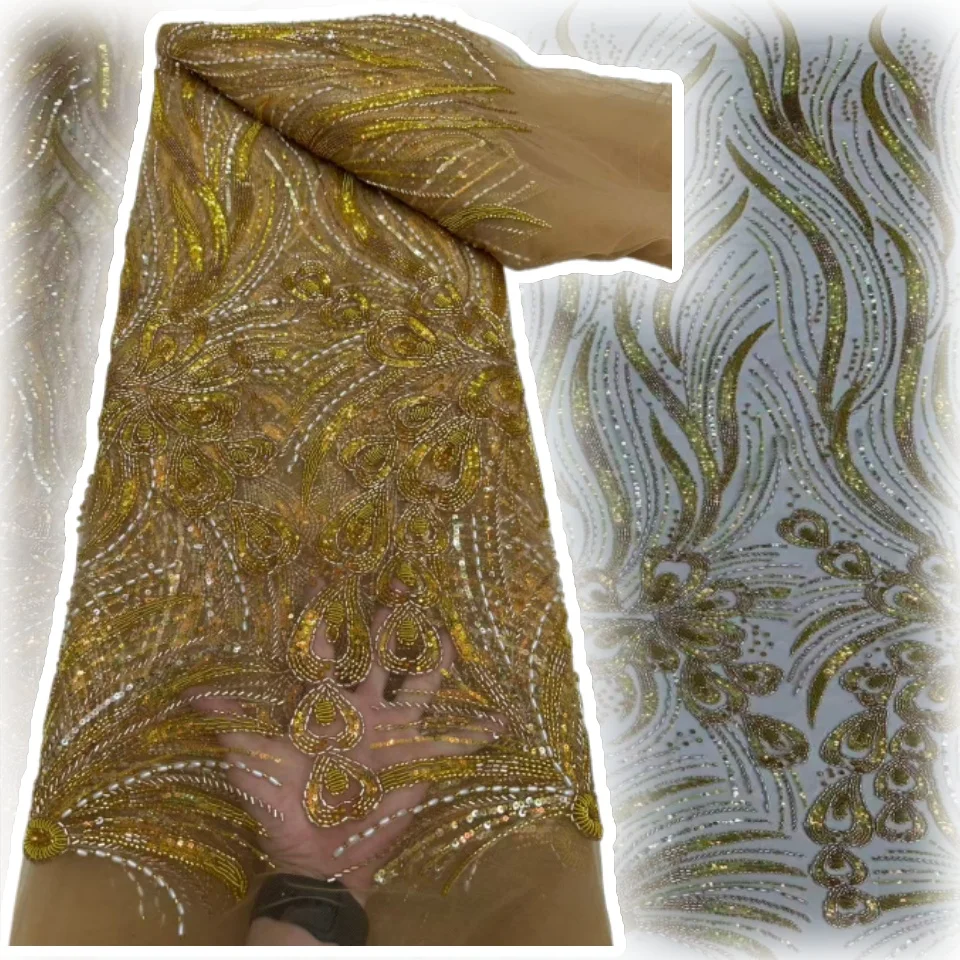 

Роскошная изысканная африканская кружевная ткань с бисером, 2025 г., нигерийская французская тюль с блестками, кружевная ткань для шитья вечерних платьев, 5 ярдов SZ1564