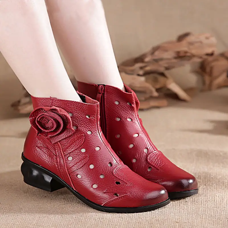 Red Leather Ankle Boots Woman Autumn Low Heel Fur Bootie Ladies Vintage Handmade  Hollow Shoes fashion floral Mujer Booties﻿