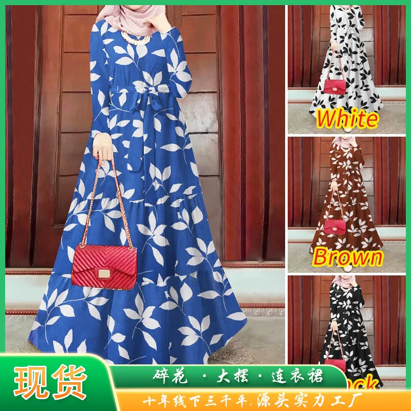 

Модное мусульманское платье больших размеров, женская одежда, элегантное элегантное платье Абая с цветочным принтом, халат с длинным рукавом, большой подол, абайи