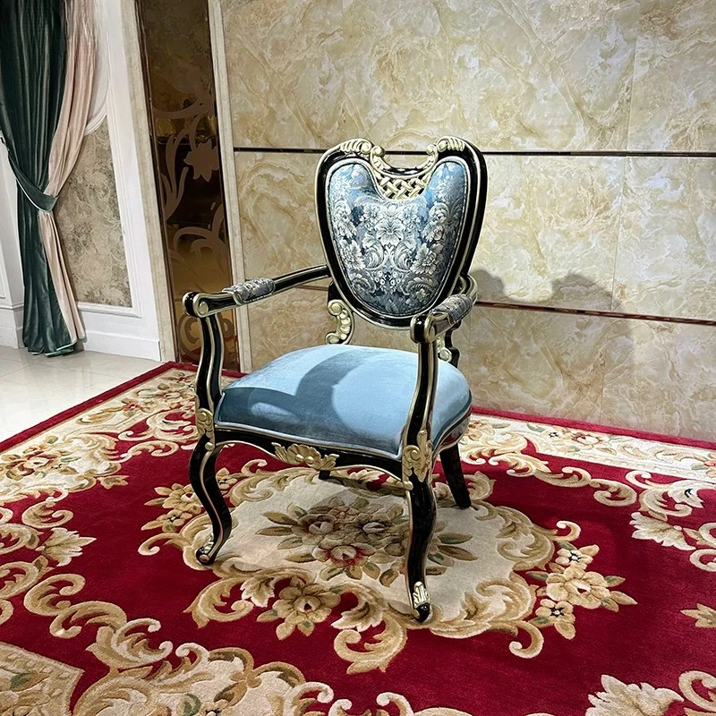 French solid wood carving flower leisure chair, European court luxury living room single leather chair study soft backrest book