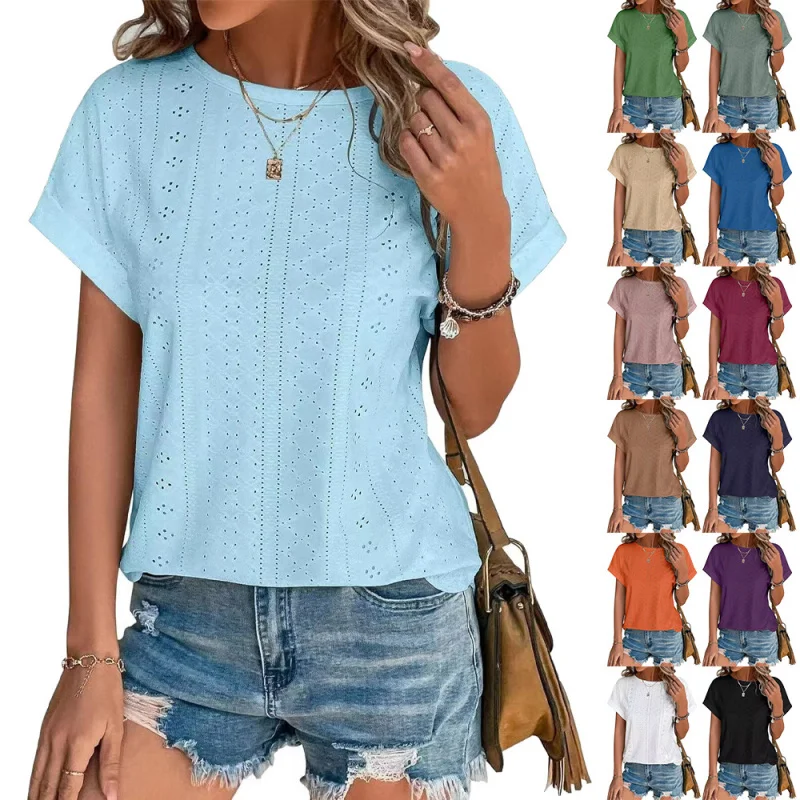 

Hot-Selling New European and American Style2025Spring Summer New Solid Color Round Neck Loose Short SleeveTWomen's-Shirt In St
