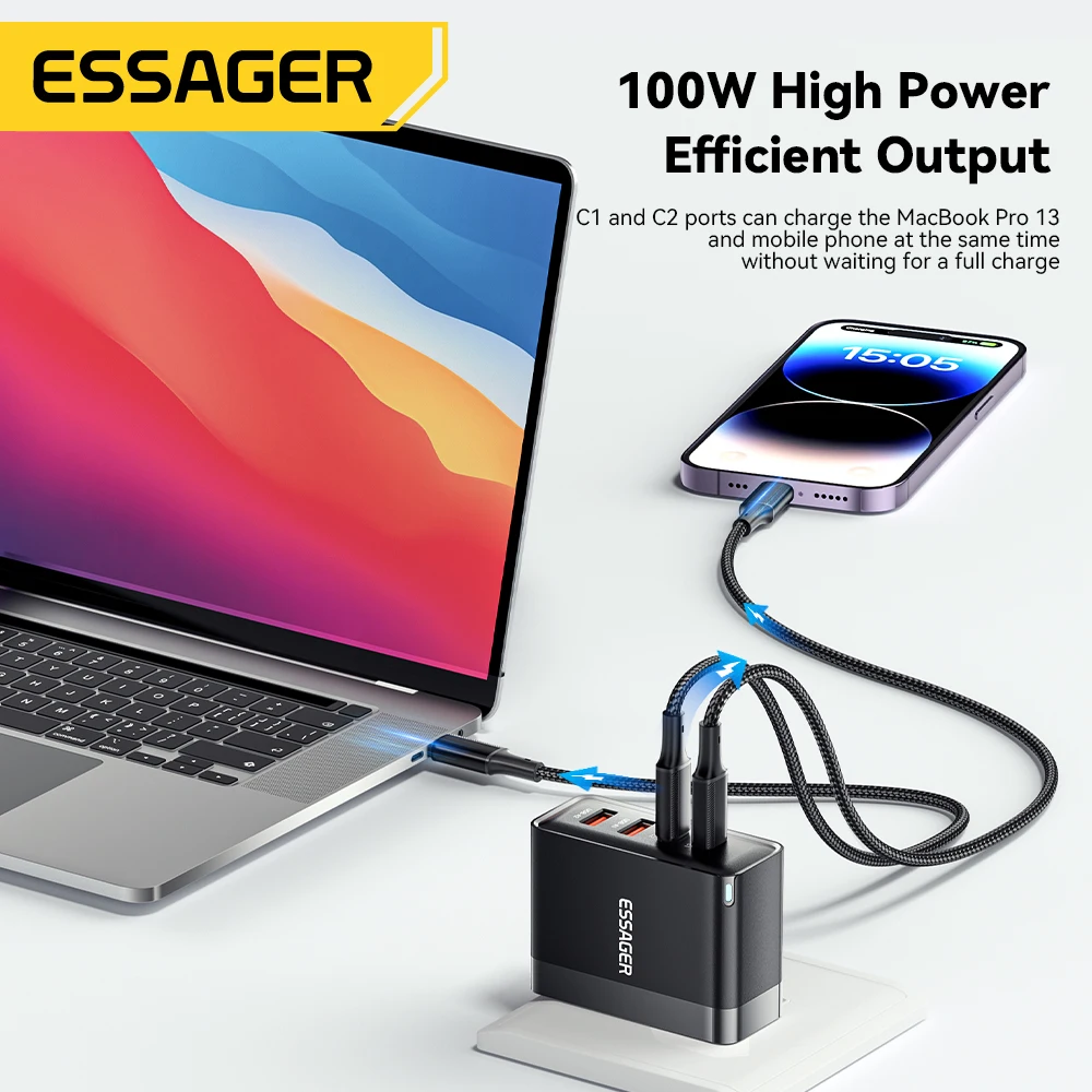 ESSAGER GaN Charger 100W USB Type C PD Fast Charger with Quick Charge 4.0 3.0 USB Phone Charger For MacBook Laptop iPhone 15 14