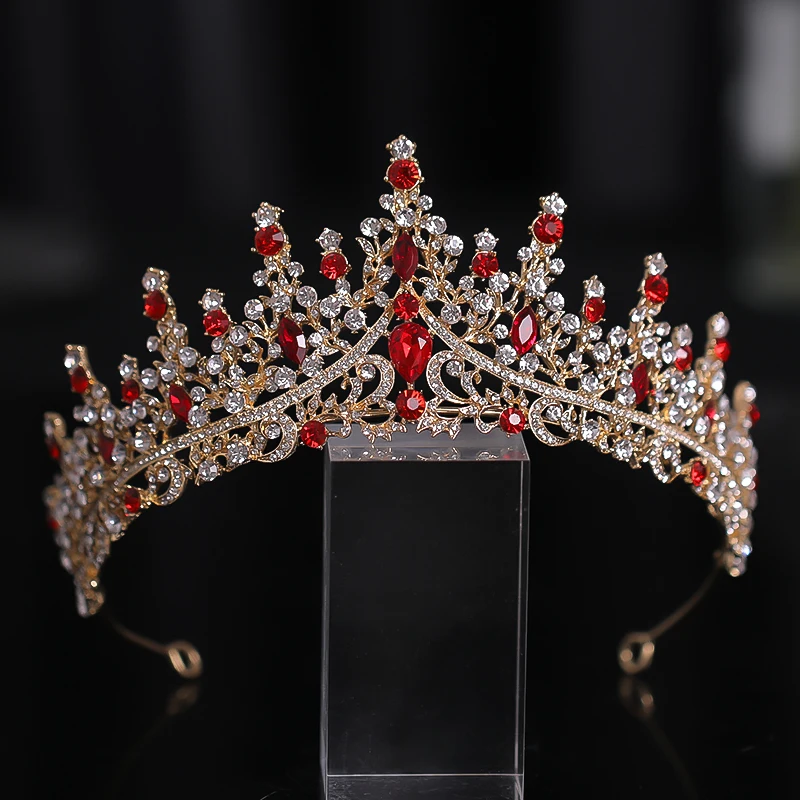 New Golden Bride Crown Princess Headwear Birthday Red Rhinestone Headband Wedding Hair Jewelry Bridal Tiaras Vintage Headpiece