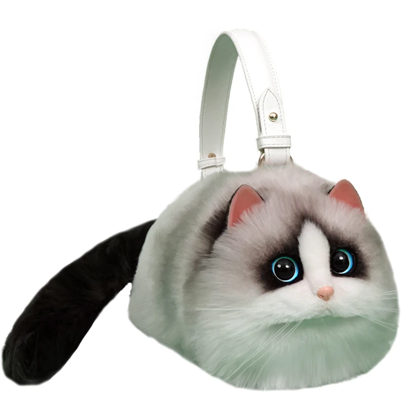 Fashion Women Creative Ragdoll Cat Bag Mini Shoulder Bags Female Winter Plush Underarm Bags Fluffy Tote Shopping Bag Small Purse