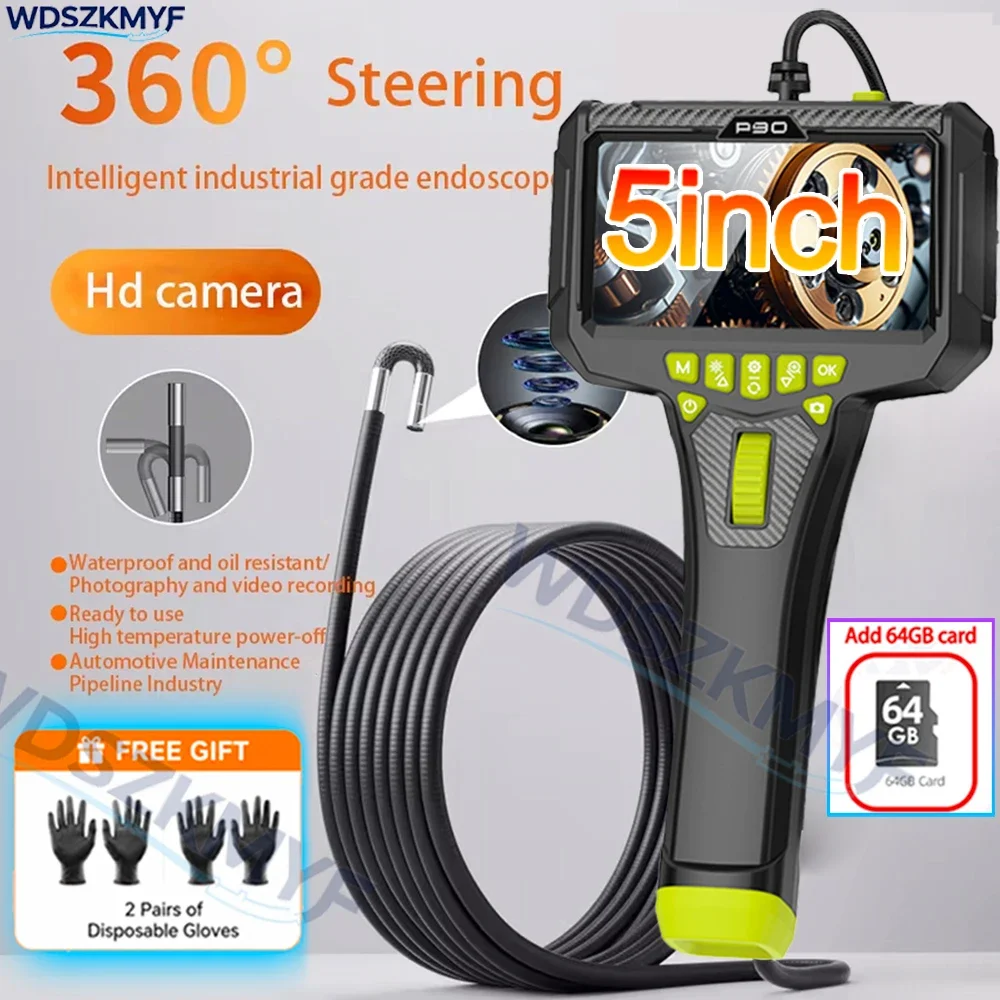 2026New Two Way 360° Steering Endoscope Camera 5Inch Big Screen Articulating Borescope 1080P Add 64GB TF Card Disposable Gloves