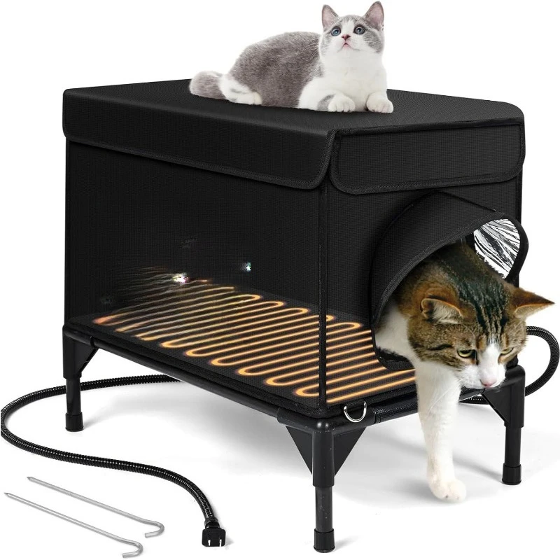 

Outdoor heated cat house waterproof elevated base, thermal insulation outdoor cat shelter safe two-way escape door cat