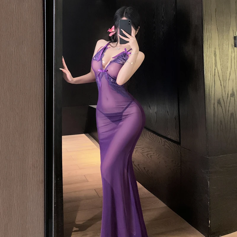 

Sexy Long Dress Erotic Lingerie See Through Lace Dress Passionate Temptation OL Uniform Flirting Uniform Nightclub Tight Suit