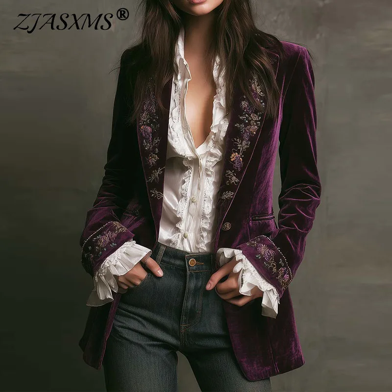 

New Women Winter Coats and Jackets Vintage Floral Print Lapel Neck Velvet Outerwears Long Sleeve Autumn Cardigan Female Clothing