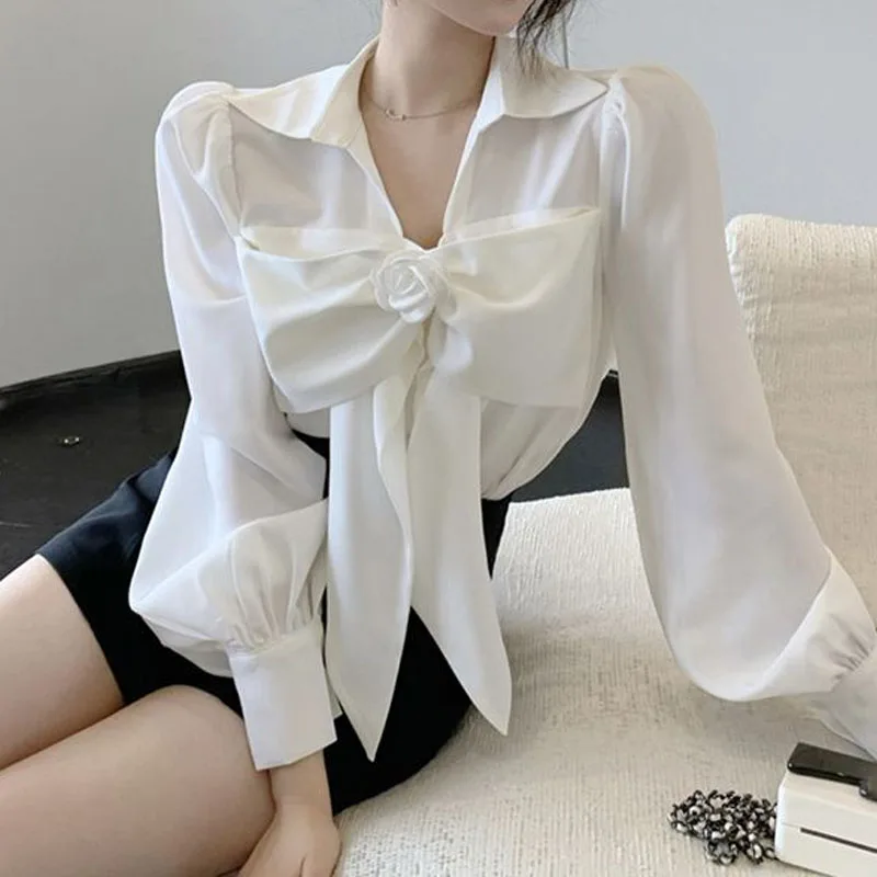 Spring Chic Bow Spliced Fashion Shirt for Female Casual All-match Long Sleeve Simplicity Solid Color Blouse Women\'s Clothing