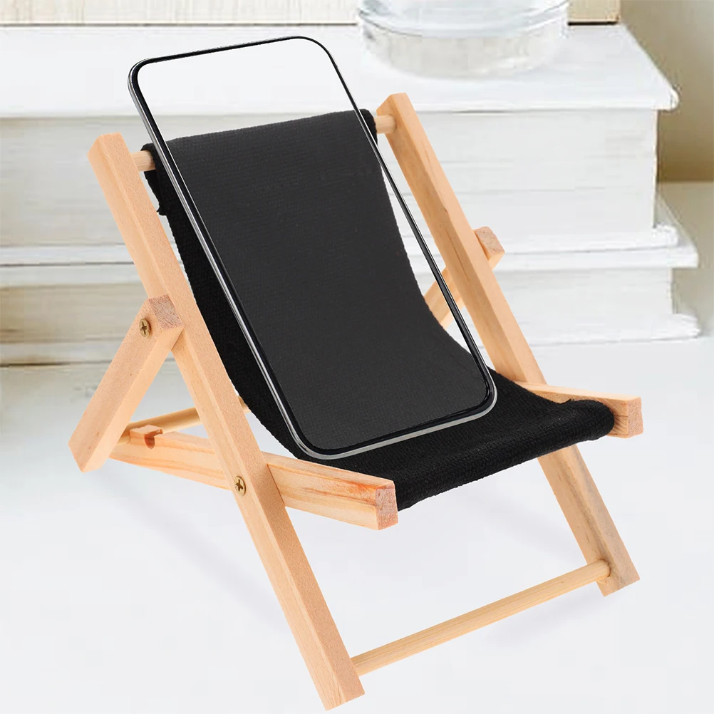 

2 Pcs Mini Beach Chair Phone Stand Foldable Adjustable Mobile Holder Desktop Decoration Dollhouse Prop Lightweight Wood Canvas