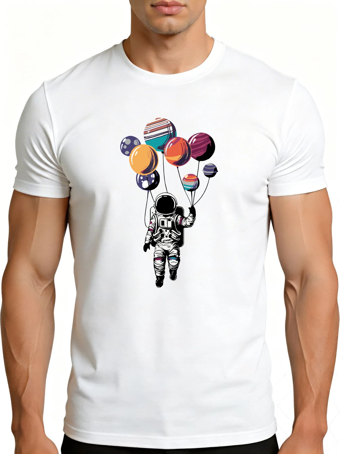 Men's Graphic T-Shirt - Breathable, Soft, Lightweight - Astronaut Floating with Balloons - Vintage Fun Graphic Casual Short Sleeve Summer Top, Gift for Him