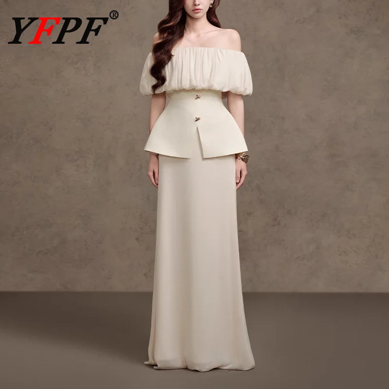 

YFPF Elegant White Women 2 Piece Set Slash Neck Patchwork Design Button Tops Coat A Line Long Skirt Fashion 2026 New Clothing