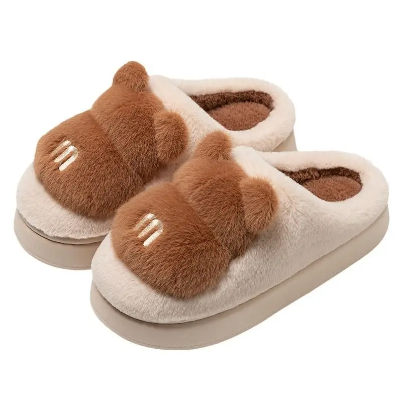 

Couple Cartoon Bear Fuzzy Slippers Women Winter Thick Plush Warm Home Slippers Woman Eva Thick Sole Non Slip Indoor Slides