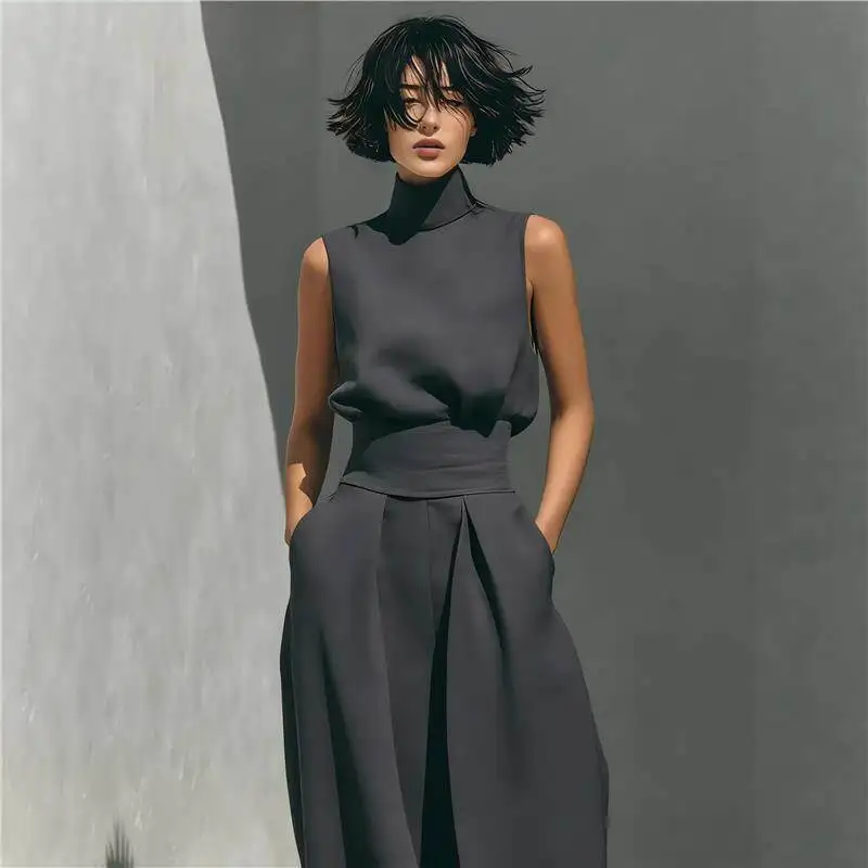 

Spring 2026 Women's Pure Color Simple Cotton Linen Blend Sleeve Top And Wide Leg Pants European Style Casual Trousers