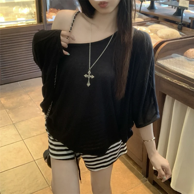 Oversized T-shirt For Women Casual Loose Top Fashion Bat Sleeves Sexy Lace Backless Baggy T Shirts Thin Clothing