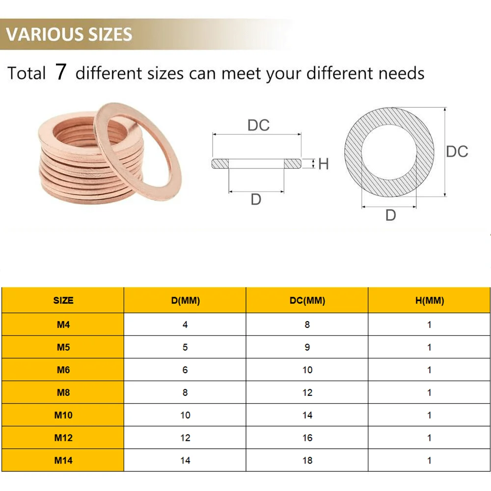 50/100/120 Pcs Copper Washer Sealing Gasket Flat Ring Seal Assortment Kit M4 M5 M6 M8 M10 M12 M14 For Sump Plugs